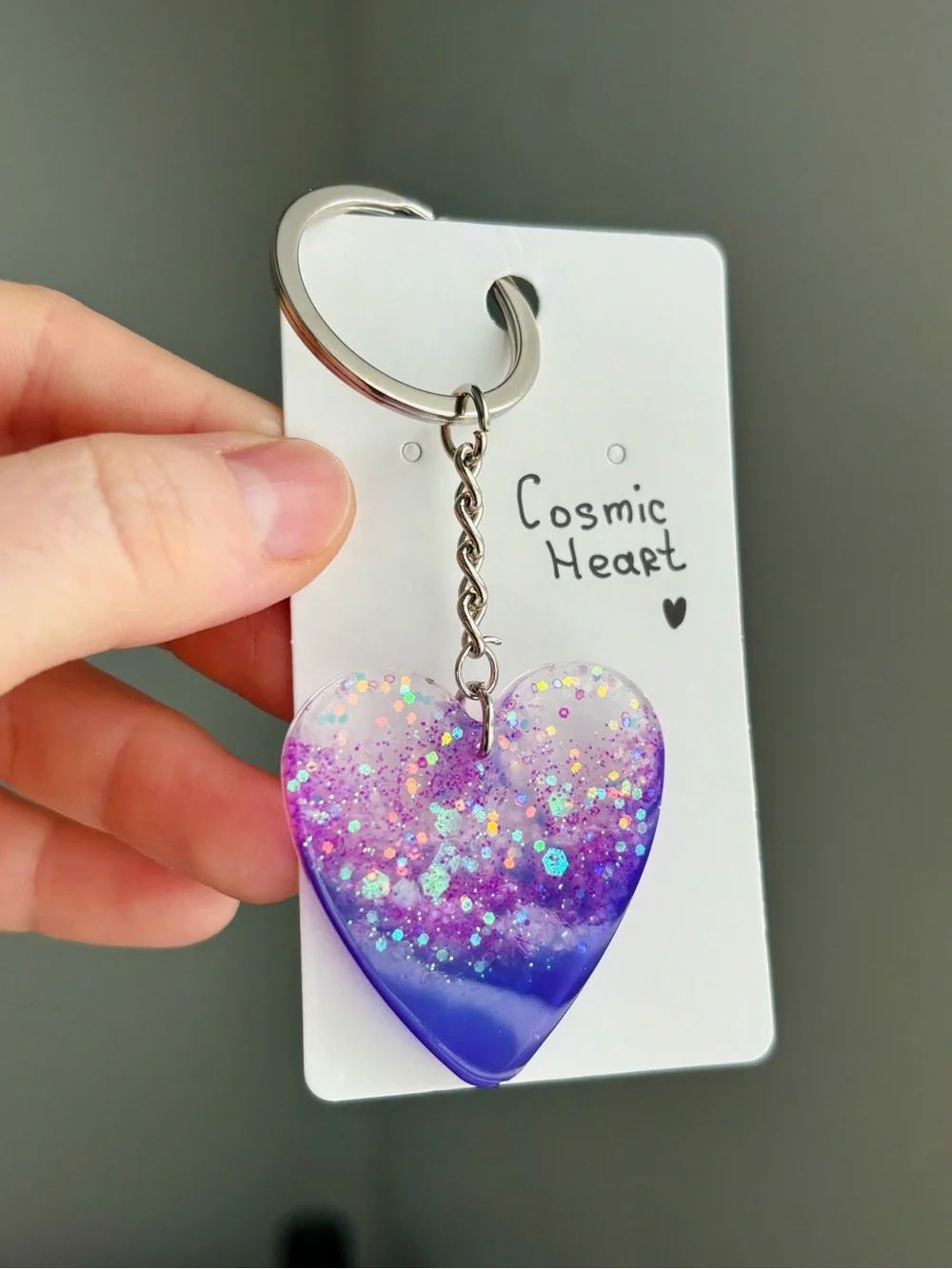 Cosmic Heart Resin Heart Keychain Handmade Purple Pink Glitter Galaxy Bag Charm